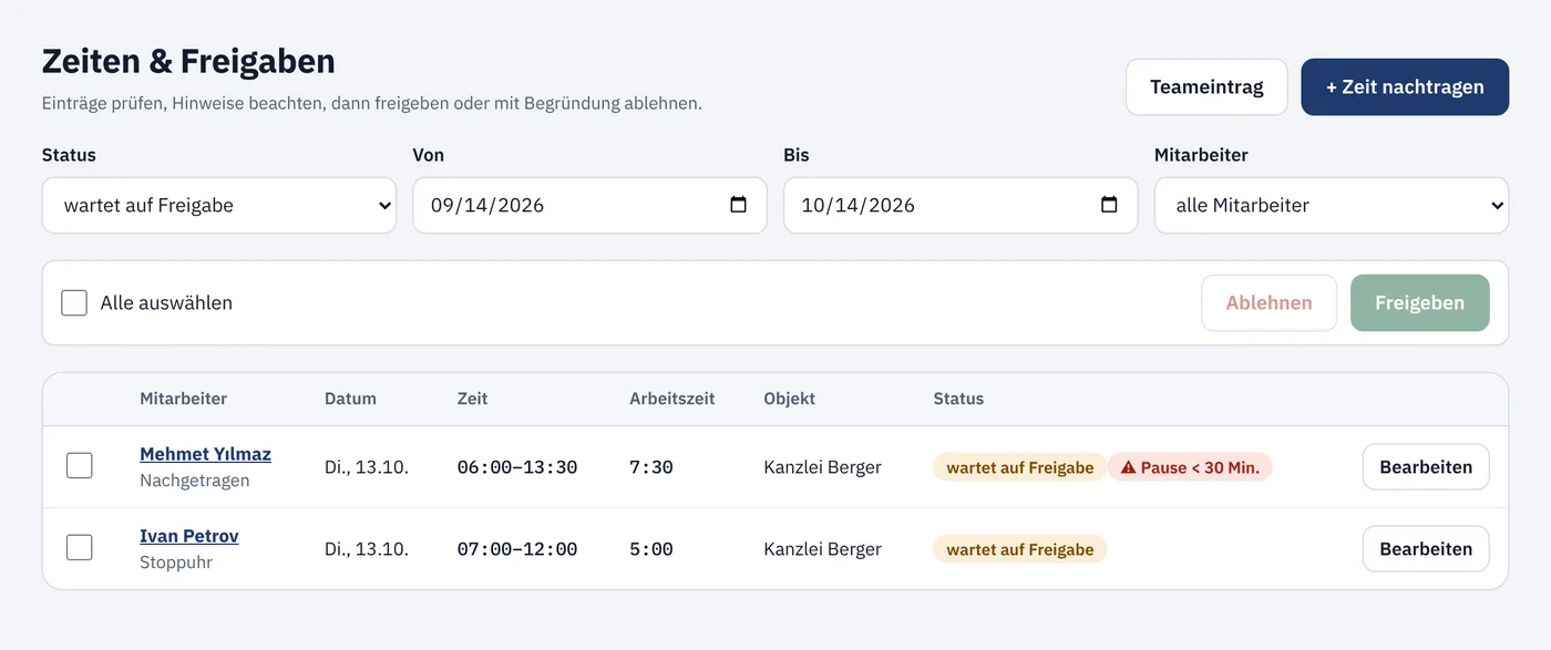 Teamleitung am Computer: Liste der Zeiten zur Freigabe