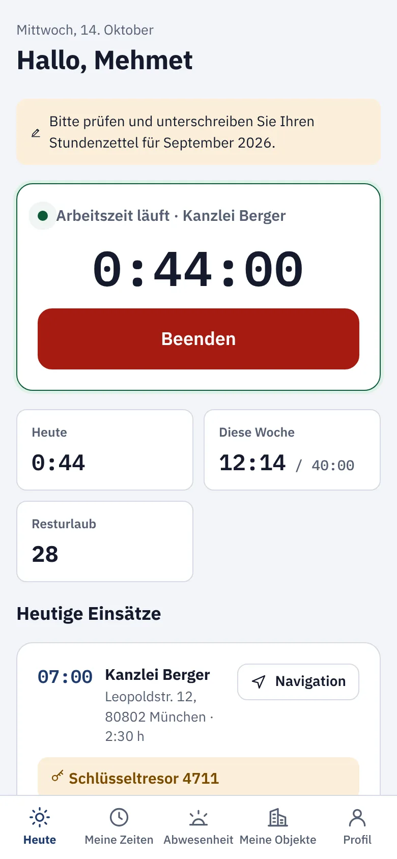 Zetly auf dem Handy: laufende Arbeitszeit, heutiger Einsatz mit Adresse und Schlüsselhinweis