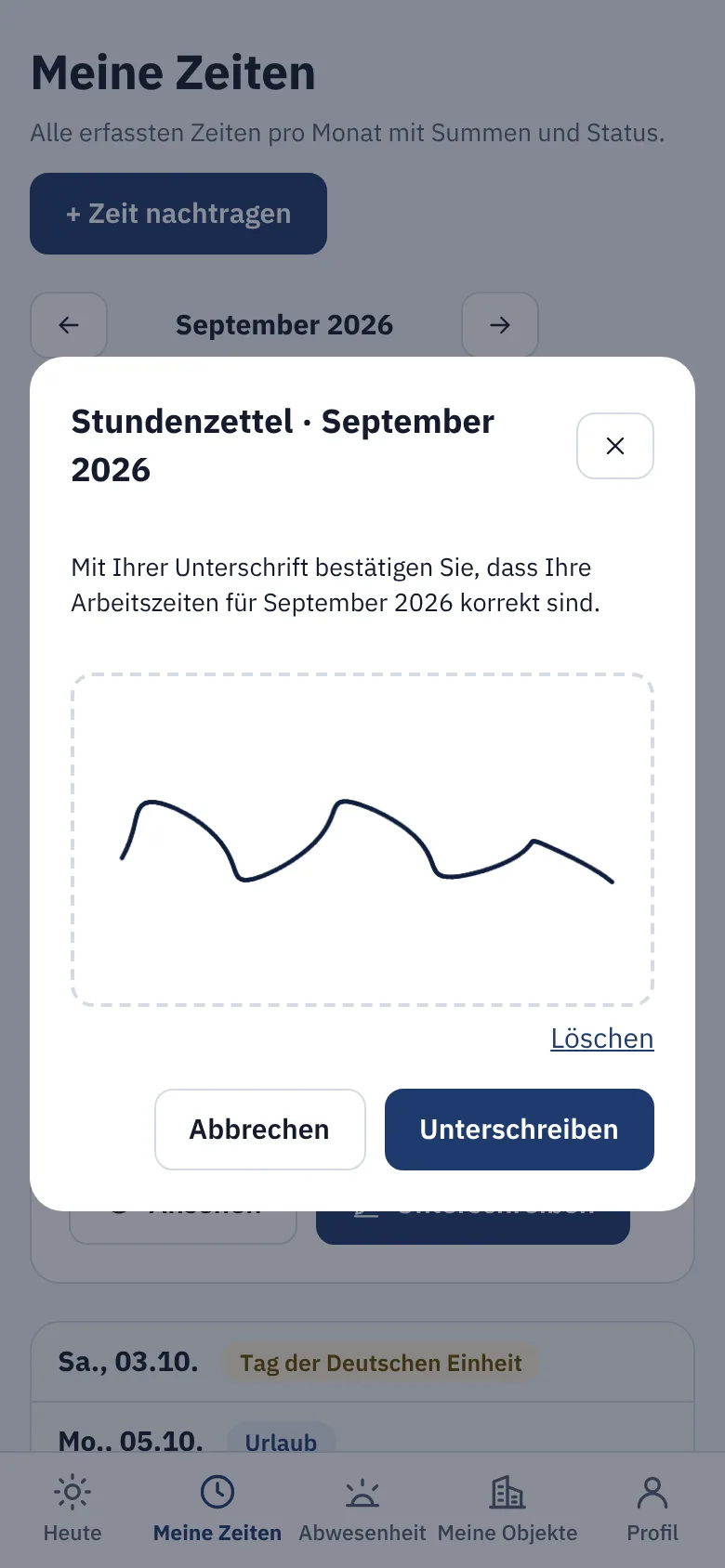 Mitarbeiter am Handy: Stundenzettel unterschreiben